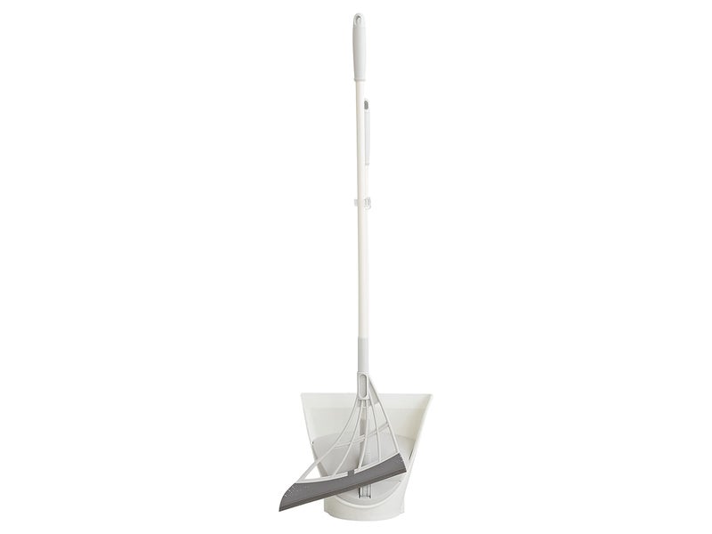 Broombi and Dustpan Set AllSurface Silicone Broom Squeegee for Indoor Cleaning Sweeps Glass Dust Removes Pet Hair Liquids Smooth Floors Rugs Windows OneClick Smart Dustpan Grey